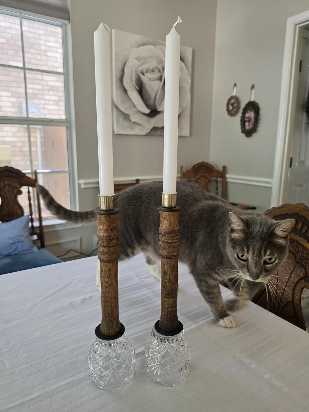 Pair Vintage turned-wood candlestick holders Decorative cut-glass bases